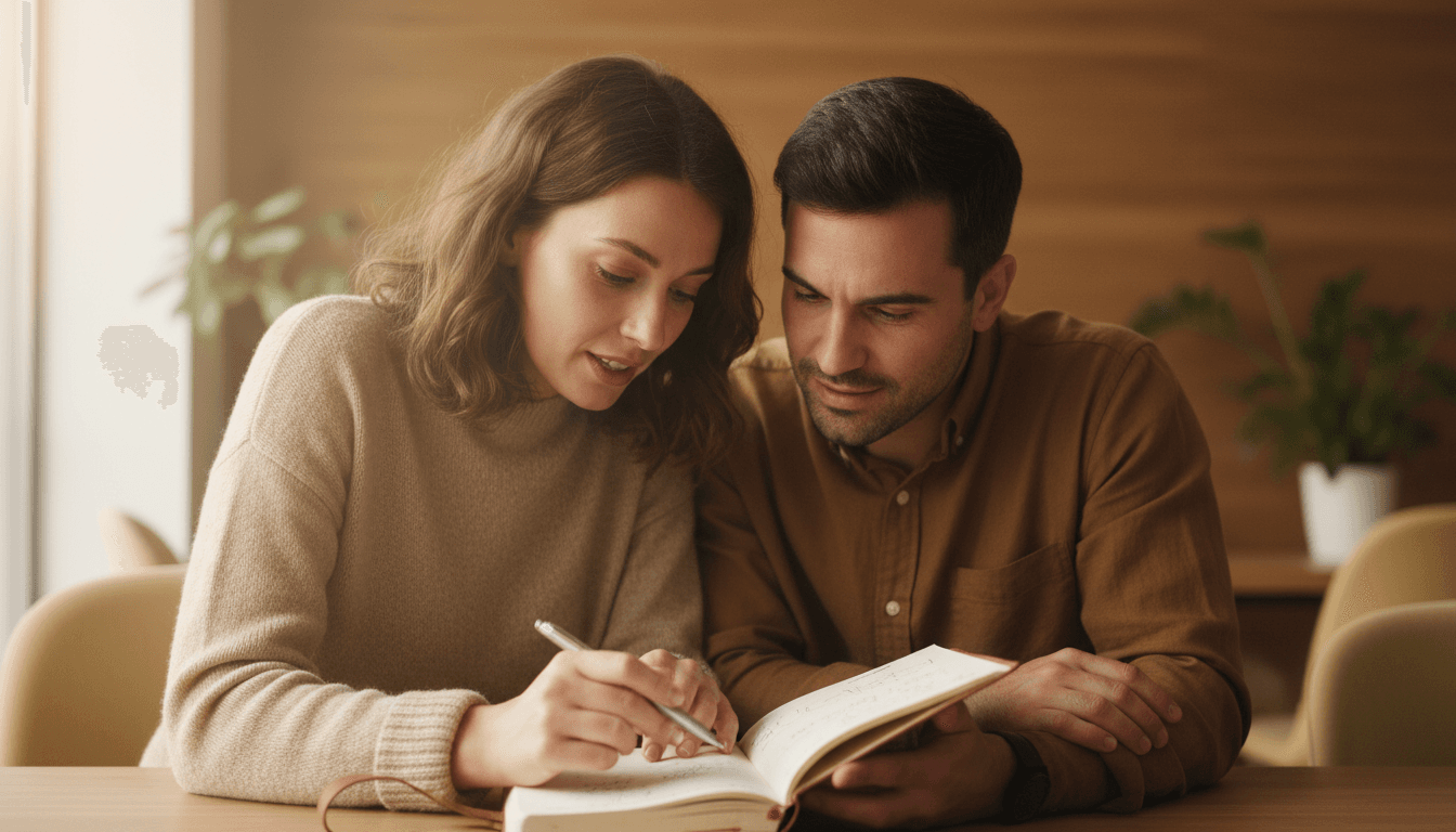 Two professionals collaborating over a notebook