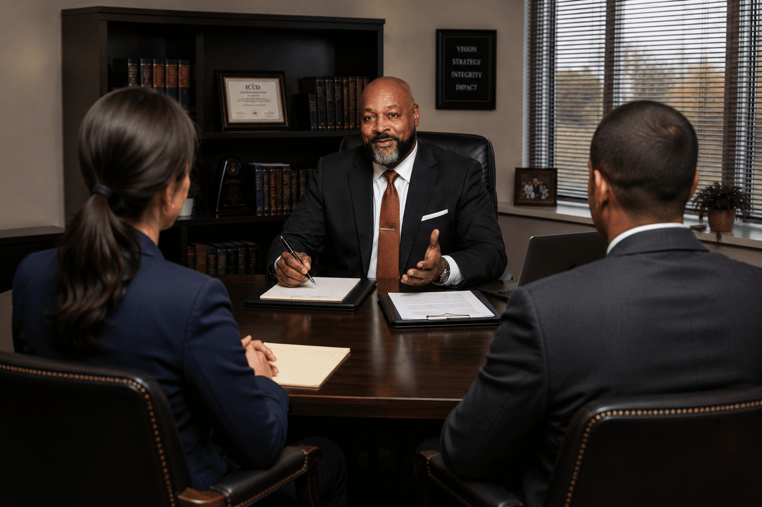 A professional Black man in a suit speaks with two people in a formal office.