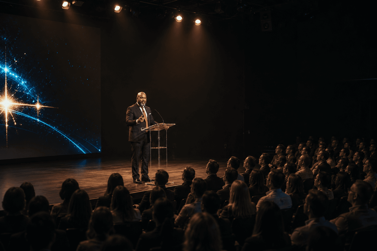 A man in a suit addresses a large audience from a podium on stage.